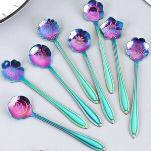 Turquoise / Purple Set of 8 Stainless Steel iridescent floral spoons